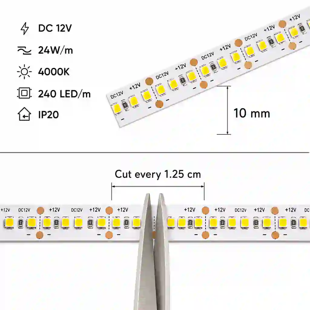 Technický detail LED pásku 10mm s dělením každých 1,25cm